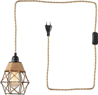 Hanglamp met stekker en 45 m kabel - vintage lampenkap van rotan en henneptouw - E27 houder kit voor keuken, balkon en gangpad