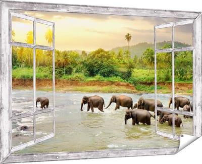 Gards Tuinposter Doorkijk Kudde Olifanten in het Water - 180x120 cm - Tuindoek - Tuindecoratie - Wanddecoratie buiten - Tuinschilderij