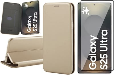 Hoesje geschikt voor Samsung Galaxy S25 Ultra - Screenprotector Glas - Wallet Book Case Goud