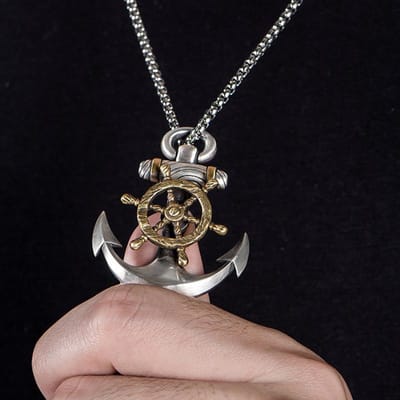 Collier Ancre Rétro Homme Tendance Européen et Américain Street Personnalité Boussole Gouvernail Pendentif Hip Hop gray