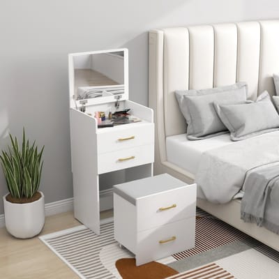 MODENUIT Kaptafel - 3-in-1 Met Spiegel, Nachtkastje En Kruk - Voor Slaapkamer - Hout Wit - 48x40x90 Cm