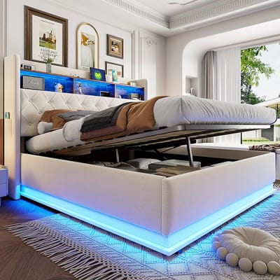 Volwassen bed Dubbel bed LED opbergbed 180 x 200 cm dubbel bed met opbergruimte, USB oplaadpoort en hydraulische opberging linnen beige