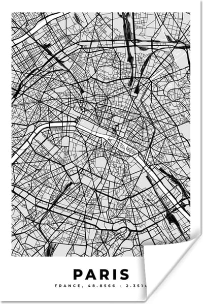 Poster Kaart - Stadskaart - Parijs - Plattegrond - Frankrijk - 120x180 cm XXL