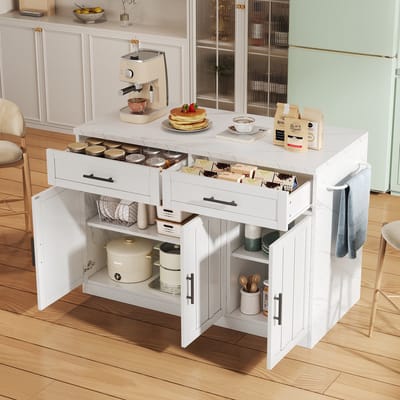 DESMIU KeukenEiland Met Barfunctie En Stopcontacten - Ruime Opbergruimte Met Lades En Deuren - Voor Keuken En Eetruimte - Wit MDF - 120x60x91 Cm