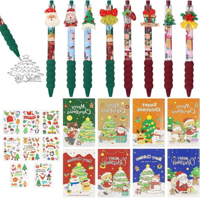 Intrekbare balpennen, zelfklevende notitieblokjes, stickers - Kerst thema, kantoorartikelen set - cadeaus, feesten, schoolactiviteiten.