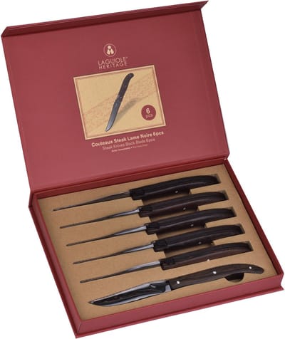 Laguiole Heritage Steakmessen Set – 6 Delig – Zwart RVS Lemmet – Luxe Steakmessen met Houten Handgreep – Premium Steak Messen – Geschenkdoos