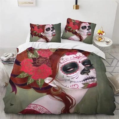 Skull Girl Dag van de Doden Bruid Donkere Kleur Rozen Beddengoed Set Jongens Meisjes Eenpersoons Tweepersoons Maat Dekbedovertrek Kussensloop Bed Kinderen Volwassene 70x133cm 2pcs