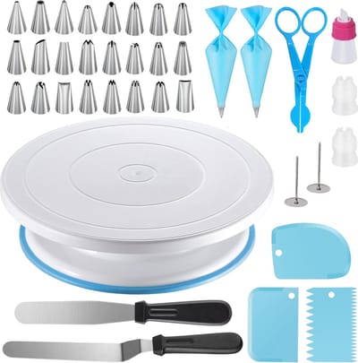 Uten Draaibaar Taartplateau - Taart Decoratie Set - Bak Spullen - Spuitzak met RVS Spuitmondjes - 60st