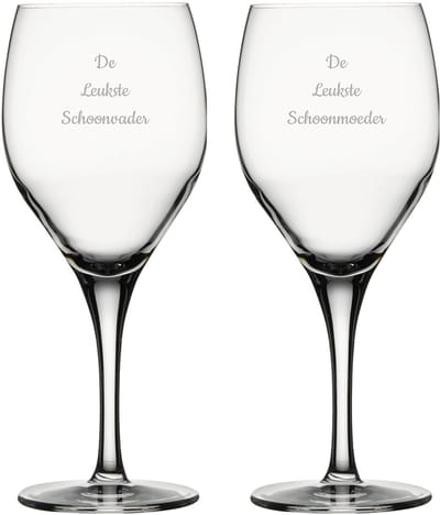 Gegraveerde witte wijnglas 34cl De Leukste Schoonvader-De Leukste Schoonmoeder