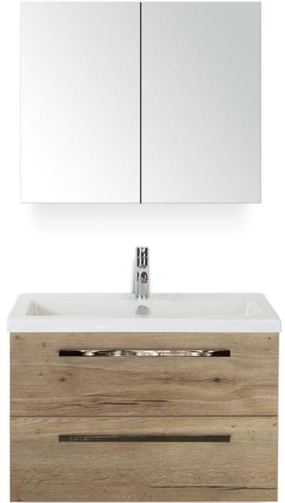 Seville Badmeubelset 80 cm - Natuur Eiken - Keramische Wastafel Wit Djazz met Spiegelkast