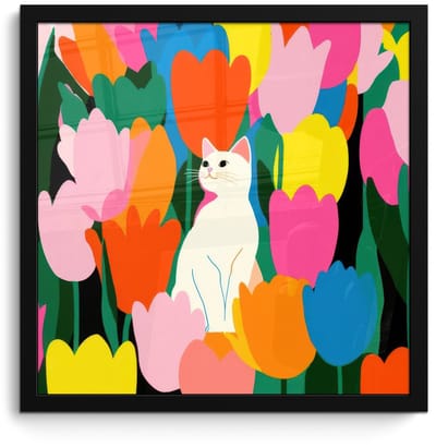Poster in lijst - Fotolijst 40x40 cm - Posters - Tulpen - Kat - Kleurrijk - Posterlijst zwart - Decoratie - Wanddecoratie woonkamer - Muurdecoratie slaapkamer