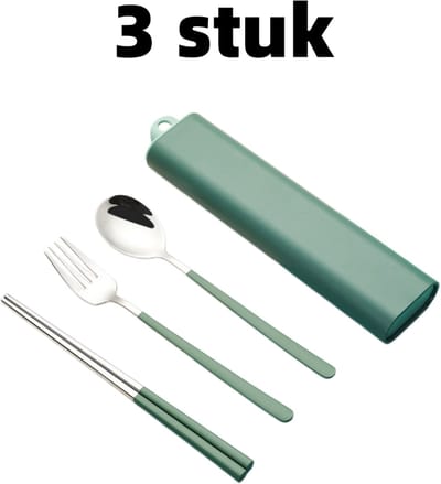 3-delige set - Lepel, vork en eetstokjes - Draagbaar bestek - Roestvrij staal - Bestek - Lade-etui - Geschikt voor reizen en kamperen - Groen