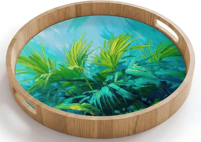 Dienblad rond 40x40 cm - Schootdienblad hout - Bladeren - Groen - Schilderij - Abstract - Borrelplank rechthoek - Plateau houten dienbladen