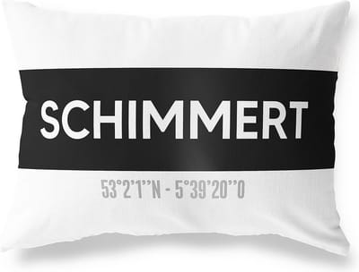 Tuinkussen SCHIMMERT - LIMBURG met coördinaten - Buitenkussen - Bootkussen - Weerbestendig - Jouw Plaats - Studio216 - Modern - Zwart-Wit - 50x30cm