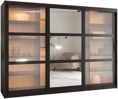 Zweefdeurkast Kledingkast met 3 schuifdeuren glanzen slaapkamerkast Kledingstang met planken Garderobekast met geribbeld glas - ARTON 2 (250 cm, Zwart)