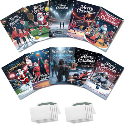 Inspra Studio – Luxe Kerstkaarten met Enveloppen – 10 Stuks – Sport Wenskaarten Collectie #2 – Artistieke Sportieve Illustraties met Winterse Sfeer