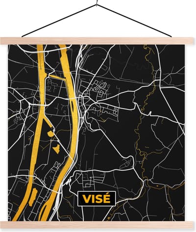 Posterhanger incl. Poster 40x40 cm - Schoolplaat - Visé - Kaart - Stadskaart - Plattegrond - Black & gold - Textielposter - Blanke latten - Stadskaart