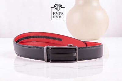 Zwart + rood lederen riem zonder gaatjes met automatische gesp voor heren ( model L019 )