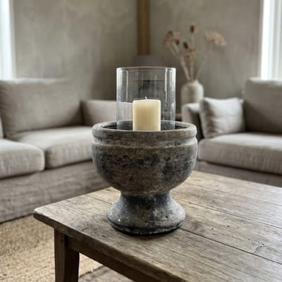Sierpot op Voet Rustiek Grijs Beton ∅20 x H19.5 cm - Landelijke pot voor windlicht - Stenen pot voor hangplanten - Decoratieve schaal op voet
