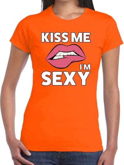 Kiss me i'm sexy t-shirt oranje dames - feest shirts dames XS