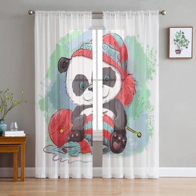 Cartoon Aquarel Panda Breit een Sjaal Tule Transparante Gordijnen voor Woonkamer Slaapkamer Keukendecoratie Voile Organza Gordijnen 135W x 114H(cm) white