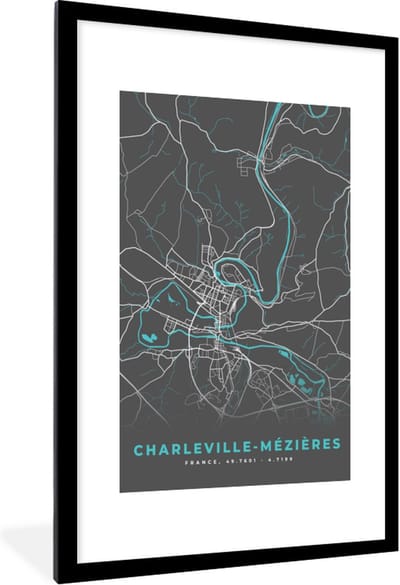 Fotolijst incl. Poster - Charleville-Mézières - Frankrijk - Plattegrond - Kaart - Stadskaart - 80x120 cm - Posterlijst