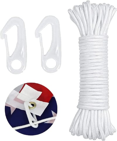 15 meter Vlaggetouw met 2 Vlaggenhaken - Weerbestendig en Scheurvast - Nylon Koord voor Vlaggenmast, Zeilboot en Tuin - Inclusief Vlaggenmastclip en Karabijnhaak