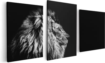 Artaza Canvas Schilderij Drieluik Leeuw - Leeuwenkop - Zwart Wit - 120x60 - Foto Op Canvas - Canvas Print