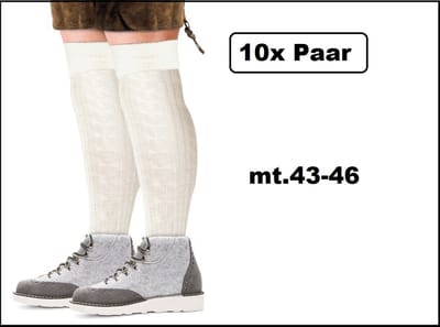 10x Paar Tiroler kabel sokken lang wit mt.43-46 - Kabelprint - Tirol oktoberfest apres ski winter feest thema party lederhose kousen festival
