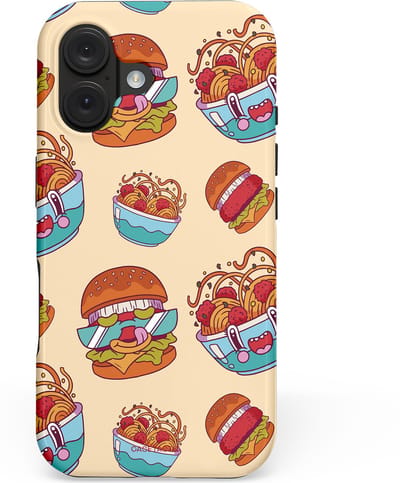 Casetastic hoesje geschikt voor Apple iPhone 16 - MagSafe - Dubbellaagse bescherming - Cartoon Hamburgers - Fashion Case - Zand Terracotta Lichtblauw Grijs