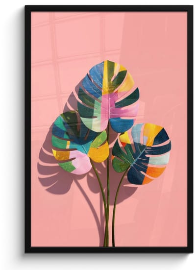 Poster in lijst - Fotolijst 60x90 cm - Posters - Bladeren - Geschilderd - Vlakken - Kleurrijk - Posterlijst zwart - Decoratie - Wanddecoratie woonkamer - Muurdecoratie slaapkamer