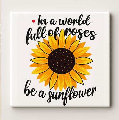 In een Wereld Vol Rozen Wees een Zonnebloem – Inspirerende 15x15 cm Keramische Tegel met Quote | Positieve Woondecoratie Cadeau met Zonnebloem Ontwerp