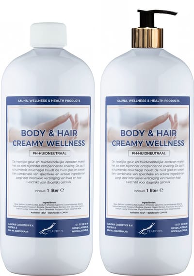 Body & Hair Creamy Wellness 1 liter met gouden pomp - set van 2 stuks - 2 in 1 voor lichaam en haar - voordeelverpakking