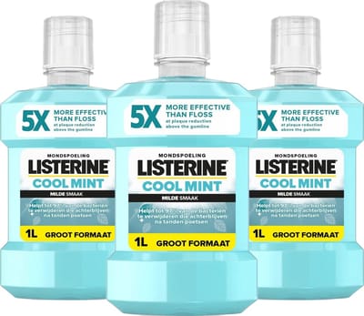 Listerine Cool Mint Milde Smaak Mondspoeling - 3x1000ml - Voordeelverpakking - Verwijdert tot 97% van bacteriën - Alcoholvrij en mild - Voorkomt tandplak