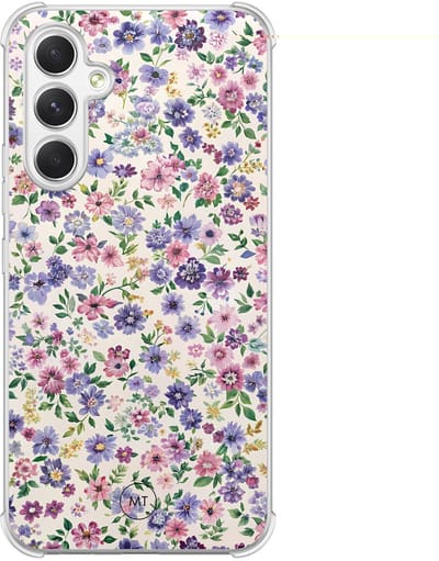 Hoesje (shockproof) geschikt voor Samsung Galaxy A54 - Paarse bloemen - Extra sterke case - TPU/polycarbonaat - Bloemen - Paars, Transparant