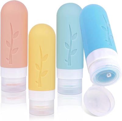 Famanu – Reisflessen van siliconen - 4 stuks - 90 ml - reiscontainer - met etiket en reinigingsborstel - navulbare reisflessen voor alle soorten cosmetica