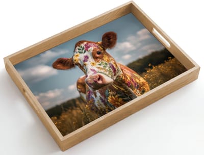 Dienblad hout 50x35 cm - Schootdienblad - Koe - Bloemen - Weiland - Borrelplank rechthoek - Plateau dienbladen
