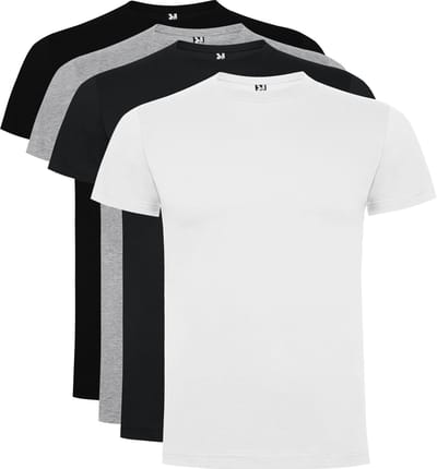 4 Pack Dogo Premium Unisex T-Shirt merk Roly 100% katoen Ronde hals Zwart, Wit, Lichtgrijs gemeleerd, Donker Grijs Maat S