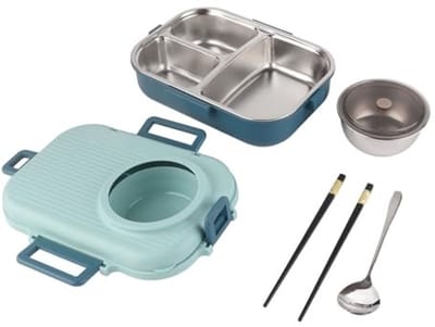 Dailygoods- Lunchbox Roestvrij Staal Dubbellaags - 3 Compartimenten - Thermische Voedselopslag - Inclusief Lepel/Eetstokjes - Siliconen Afdichtringen - Maaltijdcontainer