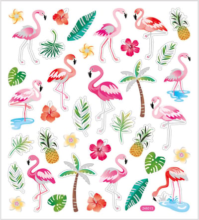 Stickers, flamingo, vel 15x16,5 cm, ca. 37 stuk, 1 vel