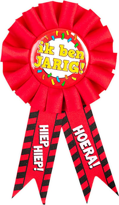 Verjaardag Rozet prijs - Ik ben jarig - Hiep hoera - rood - kunststof - feestartikelen