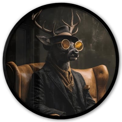 Poster in lijst Rond - Fotolijst 40x40 cm - Posters - Hert - Zonnebril - Zwart - Pak - Ronde posterlijst zwart - Decoratie - Wanddecoratie woonkamer - Muurdecoratie slaapkamer