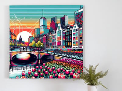 Modern amsterdam schilderij | Het hart van de stad: een eigentijds, kunstzinnig Amsterdamse meesterwerk | Kunst - 30x30 centimeter op Canvas | Foto op Canvas