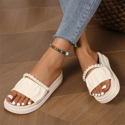 Nieuwe Zomerstijl Modieuze en Comfortabele Effen Kleur Eenvoudige Parel Dikke Zool Slippers voor Thuis en Buiten 38 gray