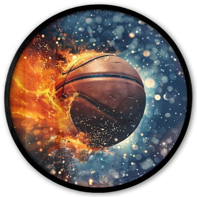 Poster in lijst Rond - Fotolijst 40x40 cm - Posters - Basketbal - Vuur - Sport - Blauw - Oranje - Ronde posterlijst zwart - Decoratie - Wanddecoratie woonkamer - Muurdecoratie slaapkamer