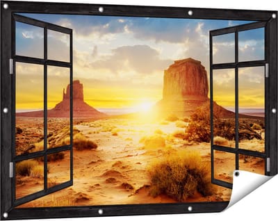 Gards Tuinposter Doorkijk Zonsondergang in Woestijn Monument Valley - 120x80 cm - Tuindoek - Tuindecoratie - Wanddecoratie buiten - Tuinschilderij