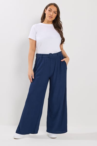 Yours Marineblauwe Getextureerde Broek Met Riem En Wijde Pijpen Size 44