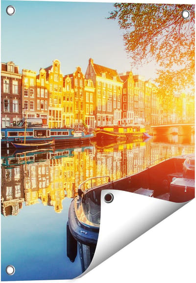 Gards Tuinposter Amsterdamse Brug - Gracht - met Bloemen - 40x50 cm - Tuindoek - Tuindecoratie - Wanddecoratie buiten - Tuinschilderij