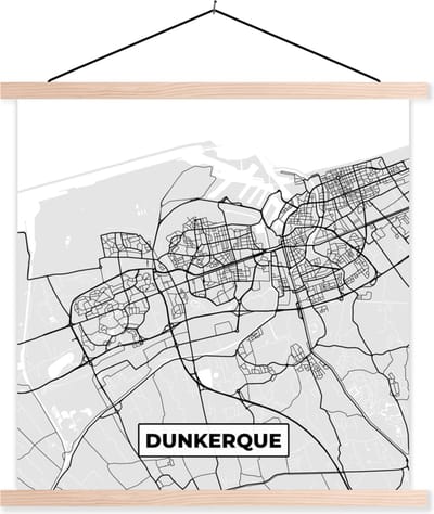 Posterhanger incl. Poster 40x40 cm - Schoolplaat - Kaart - Stadskaart - Dunkerque - Plattegrond - Frankrijk - Textielposter - Blanke latten - Stadskaart