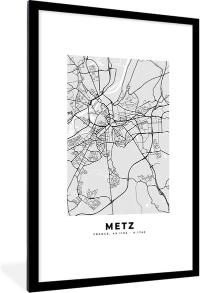 Fotolijst incl. Poster - Plattegrond - Metz - Stadskaart - Kaart - Frankrijk - 80x120 cm - Posterlijst